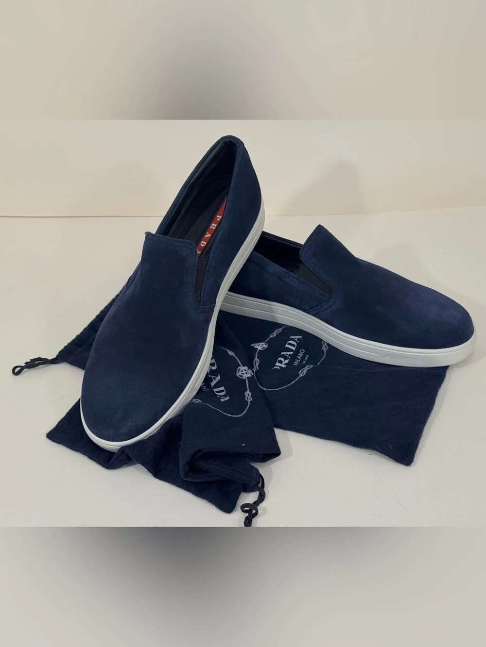 Prada Navy Suede Slip-On Loafers
